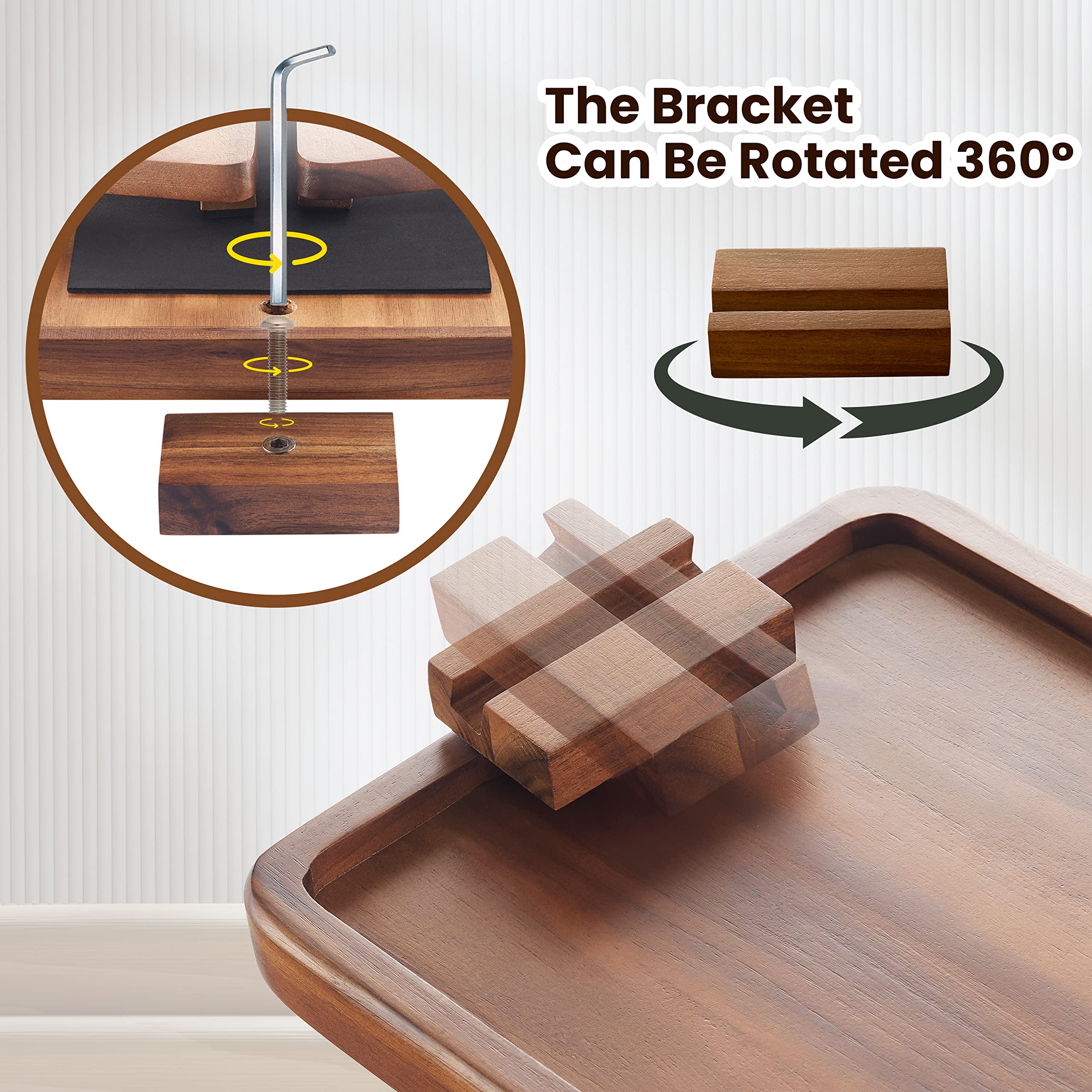 Tinamo Acacia Wood Sofa Armrest Tray -Sofa Arm Tray Table Clip - Couch Arm Table For Wide Couches - Wooden Side Tables 360Rotati